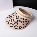 Detail of hand-woven leopard print straw sun visor with elastic band and wide brim - One Size / Pink