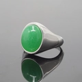 Polished silver stainless steel ring featuring a large oval green gemstone inlay - Silver-Tone - Green Jade-Look