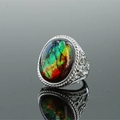 Vintage stainless steel ring with colorful ammolite stone and silver relief patterns - Size 8 / Silver Tone Multicolor 1
