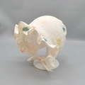 Détail d'un béguin pour bébé en coton avec cœurs colorés et bordure à volants sur gris - Taille unique / crème