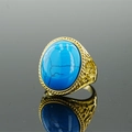Vintage style gold stainless steel ring with a large oval blue turquoise stone inlay - Size 8 / Gold Frame Turquoise