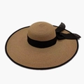 Classic wide brim straw hat for women with black ribbon bow and elegant trim - M (56-58cm) / Khaki