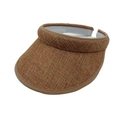 Detail view of brown woven flax sun hat with elastic top and wide protective brim - Kids / Dark Khaki