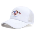 White mesh trucker hat with Happy Veterans Day American flag print on front crown - Adjustable / White