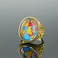 Vintage gold-plated stainless steel ring with colorful mosaic turquoise stone inlay - Size 8 / Gold Tone Mosaic Multicolor