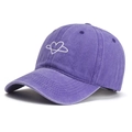 Macro detail of purple washed cotton baseball cap with white heart embroidery design - Adjustable / Purple