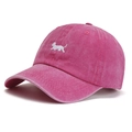 Close-up of rose red washed cotton baseball cap with white dog embroidery details - Adjustable / Rose Red