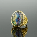Statement ring with oval cosmic pattern stone and ornate golden braided band - Size 8 / Blue Green and Purple Starry Sky Effect Style / Gold
