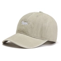 Close-up of vintage khaki washed cotton baseball cap with embroidered running dog pattern - Adjustable / Off White
