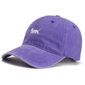 Close-up of white puppy embroidery and stitching detail on purple washed cotton baseball cap - Adjustable / Purple