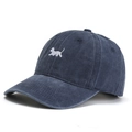 Vintage navy blue washed cotton baseball cap with minimalist white puppy embroidery - Adjustable / Navy Blue