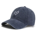 Washed dark blue cotton baseball cap with white heart embroidery for women sun protection - Adjustable / Navy Blue