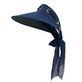 Women's UV protection navy blue straw visor hat with stylish chiffon ribbon bow - Adjustable / Navy Blue