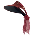 Detail of wide-brim burgundy sun visor featuring woven texture and chiffon ribbon - Adjustable / Burgundy