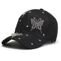 Black baseball cap with sparkling rhinestone butterfly design and curved brim - Adult / Black
