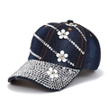 Navy denim baseball cap with white floral appliques and sparkling rhinestones - L (58-60cm) / Dark Blue Denim