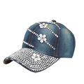 Navy blue denim baseball cap with sparkling rhinestones and white floral 3D decorations - L (58-60cm) / Teal