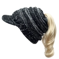 Knit ponytail beanie hat with brim in black and white melange yarn for winter warmth - Adjustable / Rainbow