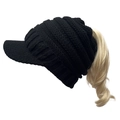 Women's black cable knit visor beanie with ponytail hole for outdoor winter warmth - Adjustable / Black