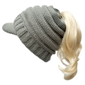 Women's grey knitted ponytail beanie with visor and warm fleece lining for winter outdoor - Adjustable / Gray