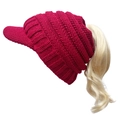 Women's warm red knit ponytail beanie with visor and ribbed texture for winter - Adjustable / Rose Red