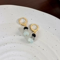 Detail of vintage tiger eye stone drop earrings with gold hoops and multi-color beads - Black Gray Blue Beaded Style (24356D)