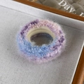 Detail of colorful gradient fuzzy scrunchie showing plush mohair texture on a tray - Purple Blue Gradient (24395C)