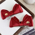Eleganti fermagli per capelli a fiocco in raso rosso con fibbia dorata vintage - Rosso