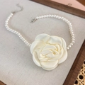 French style satin camellia pearl necklace with elegant cream fabric flower and white beads - Off-white Flower