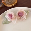 Detail of organza mesh rose earrings with gradient pink petals and green embroidered leaves - Gradient Pink Rose (24902)