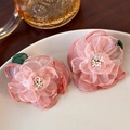 Detail of pink mesh flower hair clips with delicate organza petals and beads - 3D Fabric Floral (24900)