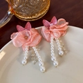 Detailed close-up of mesh flower earrings with pink acrylic butterfly and pearl tassels - Coral Pink Butterfly Tassel (24899)