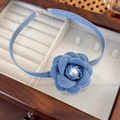 Macro shot of blue denim camellia flower choker with white pearl and texture detail - Blue Denim Large Flower Style / Denim Large Flower (25014B)