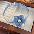 Detail of blue denim flower choker with a soft imitation pearl and adjustable silver chain - Mixed Denim Large Flower Style / Mixed Color Large Flower (25014C)
