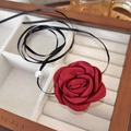 Close-up of red satin rose choker with black ribbon and white pearl in a box - 30# Dark Red Satin Rose With Pearl (24624C)