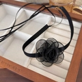 Detail of elegant black mesh rose choker necklace with satin ribbons in a jewelry box - 34# Black Net Yarn Rose Choker (24859C)