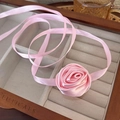 Detailed view of a handmade pink satin rose choker necklace in a vintage velvet jewelry box - 36# Pink Silk Satin Rose Choker (24860B)