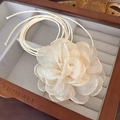 Close-up of a multi-layer cream fabric floral choker with long delicate strings - 43# Cream White 3D Sheer Flower (24874A)