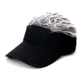 Detail of creative baseball cap featuring funny grey and white fuzzy hair wig on top - Solid Black Gray Hair