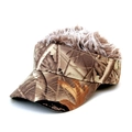 Close-up of camouflage sun visor hat with funny brown faux hair wig on top - Camouflage Khaki