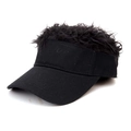 Detail view of the visor cap with black synthetic wig hair and cotton brim design - Solid Black Black Hair