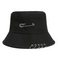 Punk black cotton bucket hat featuring a silver safety pin and five metal rings - One Size / Black