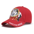 Detail van rode katoenen honkbalpet met wolfskop borduursel en Native Pride tekst - Rood