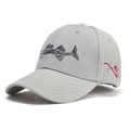 Detail view of light grey baseball cap featuring premium fishbone and side embroidery - Embroidered Fishbone Light Grey Style (4)
