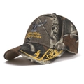 Close-up of jungle camouflage baseball cap with deer head embroidery and hunter slogan - Embroidered Deer Head Camouflage Style (1)