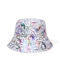 White bucket hat with colorful graffiti art and rainbow metallic pattern for summer fashion - White