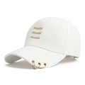 Detail of white cotton baseball cap with triple gold metal bars and side rings decor - One Size / White