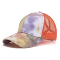 Detail of colorful tie-dye baseball cap featuring purple gradient and orange mesh back - One Size / Yellow-Orange Mesh