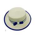 Platte beige strooien zonnehoed met blauwe lintstrik voor zomervakanties op het strand - Volwassene / Beige