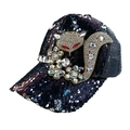 Dettaglio del cappellino da baseball nero con paillettes e motivo volpe con strass colorati - Nero